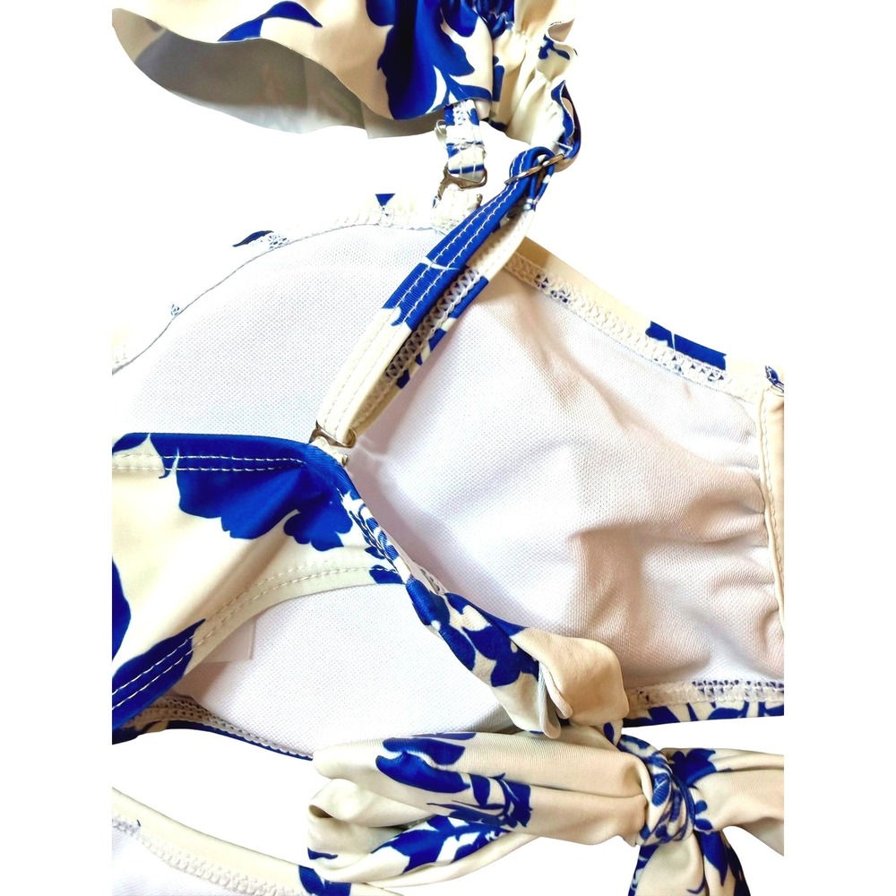 Endless Moon Blue White Floral Botanical Bikini Sz Medium Ruffle High Waist Tie - Picture 7 of 7